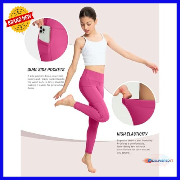 Girls High Waisted Yoga Leggings with Pockets 4-Pack Athletic Dance Pants - Picture 4 of 6